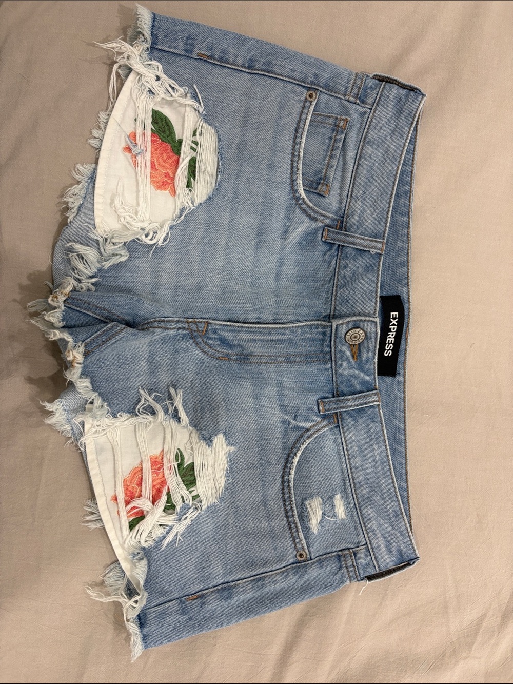 Express Light Blue Distressed Denim Shorts with Rose Patch Embroidery